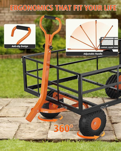 1200LB Capacity Garden Cart, 3-in-1 Heavy Duty Utility Wagon with 13" All-Terrain Tires, Removable Mesh Sides & 180° Swivel Handle - Outdoor Yard Cart for Gardening, Farming, Patio Use