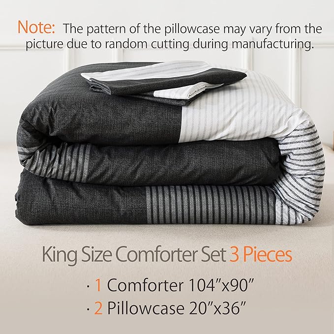 Andency Black Comforter King Size, 3 Pieces Black White Gray Patchwork Striped Comforter (104x90 Inch), Soft Microfiber Down Alternative King Comforter Bedding Sets with Corner Loops