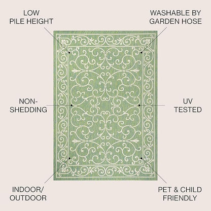 JONATHAN Y Vintage Filigree Indoor Outdoor Area Rug 8X10 Green/Ivory, Charleston Textured Weave for Backyard, Patio, Porch, Easy-Cleaning, High Traffic, Pet-Friendly, Non-Shedding (SMB106K-8)