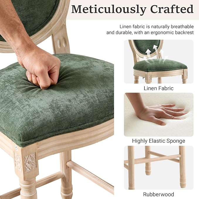 French Country Barstool, Linen Farmhouse Counter Height Chair | Set of 6, with Cushion Round Back and Solid Wood Legs, Oval Chairs for Restaurant, Bar, Kitchen, Café, Green