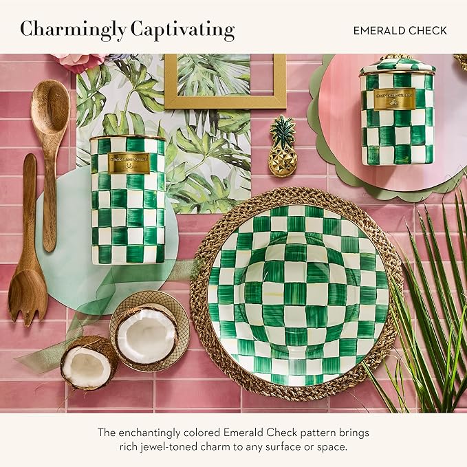 MACKENZIE-CHILDS Enamel Salad Serving Set, Enamel Bowl and Wooden Salad Servers, Decorative Kitchen Set, Green-and-White Emerald Check