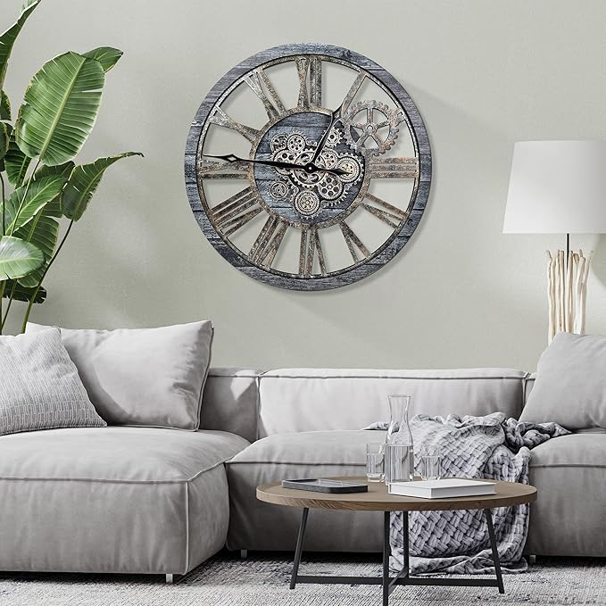 HOIBAI Large Wall Clock, Wall Clocks for Living Room Decor 36 Inch Farmhouse Vintage Rustic Kitchen Wall Decor Vintage Roman Oversized Wall Clock for Home Bedroom House, Moving Gears Clock
