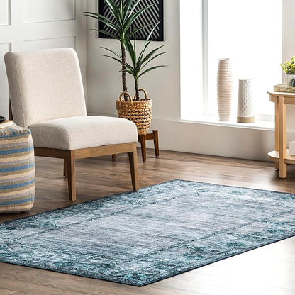 nuLOOM Eveline Distressed Persian Machine Washable Ultra Thin Area Rug, 8' x 10', Blue