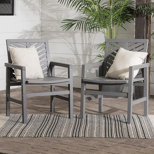 Walker Edison 2 Piece Outdoor Patio Chevron Wood Chair Set All Weather Backyard Conversation Garden Poolside Balcony, Set of 2, Grey
