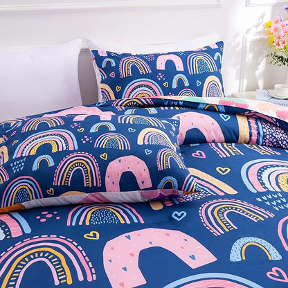 Btargot Lightweight Soft 3 Piece Rainbow Comforter Set with 2 Pillow Covers, Cartoon Love Hearts Suns and Stars Bedding Set for Girls Boys Kids, Queen Dark Blue