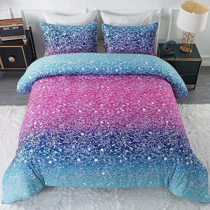 Litanika Galaxy Comforter Queen(90x90lnch), 3 Pieces(1 Blue Glitter Ombre Comforter, 2 Pillowcases), 3D Colorful Rainbow Bedding Set, Microfiber Comforter Set for Kid Boy Girl Teen