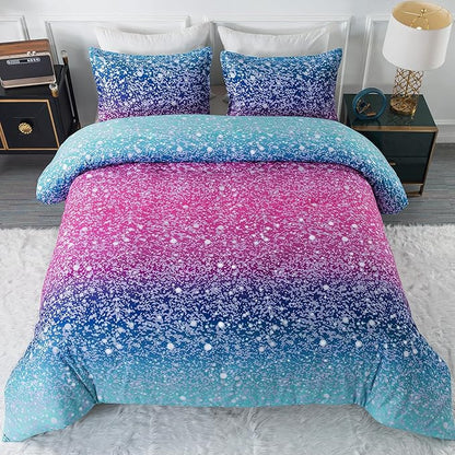 Litanika Galaxy Comforter Queen(90x90lnch), 3 Pieces(1 Blue Glitter Ombre Comforter, 2 Pillowcases), 3D Colorful Rainbow Bedding Set, Microfiber Comforter Set for Kid Boy Girl Teen