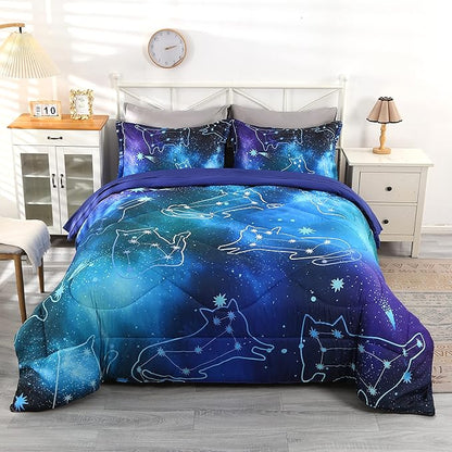 Wowelife Galaxy Bedding Set Full Size 5 Pieces Galaxy Space Comforter Set Blue 3D Galaxy Kids Comforter Sets Lightweight with Comforter, Flat Sheet, Fitted Sheet and 2 Pillowcases