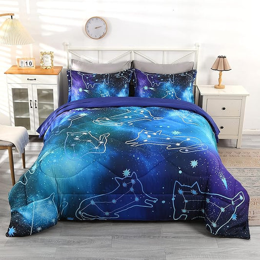 Wowelife Galaxy Bedding Set Full Size 5 Pieces Galaxy Space Comforter Set Blue 3D Galaxy Kids Comforter Sets Lightweight with Comforter, Flat Sheet, Fitted Sheet and 2 Pillowcases