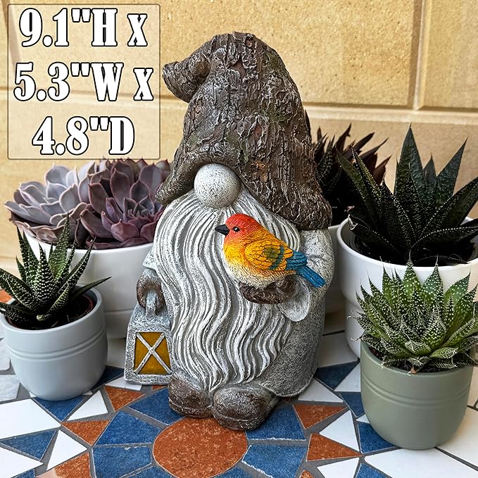 Mood Lab Garden Gnome - Stone Gnome Figurine - 9.1 Inch Tall Lawn Statue with Bird - for Outdoor or House Decor