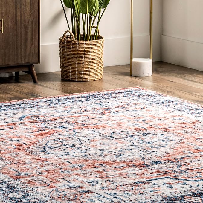 nuLOOM Rina Faded Persian Machine Washable Ultra Thin Area Rug, 5' x 8', Rust