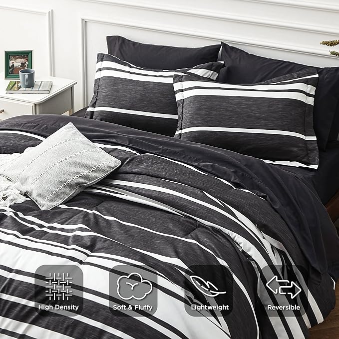 Bedsure Bed in a Bag Twin Size 5 Pieces, Black White Striped Bedding Comforter Sets All Season Bed Set with 1 Pillow Sham, Flat Sheet, Fitted Sheet and 1 Pillowcase