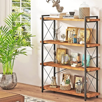HCHQHS Bookshelf, 4-Tier Industrial Bookcase, Rustic Open Book Shelf, Freestanding Tall Bookshelves with Metal Frame