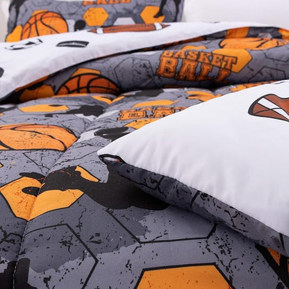 Btargot 3 Piece Grey Geometric Basketball Comforter Set Full for Boys Teens, 3D Sports Bedding,Soft Microfiber Reversible Quilt with 2 Matching Pillow Shams, Yellow