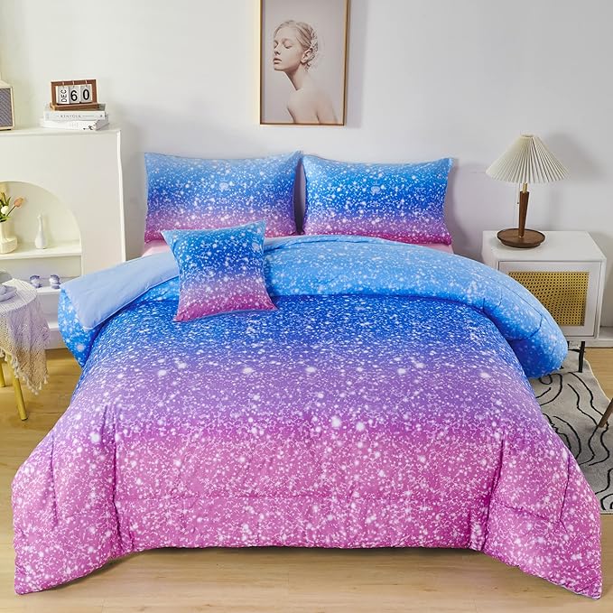 RYNGHIPY 6Pcs Sparkle Gradient Glitter Comforter Sets, Ombre Indigo Pink Gradient Bedding Set for Boys Girls, Rainbow Bed in A Bag Queen Size