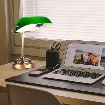 Newhouse Lighting NHDK-MO-GOAZ Morgan Antique Green and Brass Glass and Metal Adjustable Classic Banker Lamp | Compatible with Energy-Efficient LED Bulb