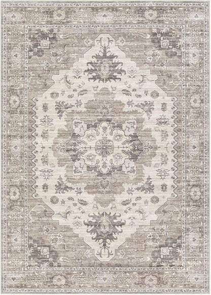 Washable Area Rugs for Living Room - 5x7 Neutral Vintage Distressed Floral Farmhouse Boho Large Soft Floor Rug Indoor Non Slip Carpet for Living Room Bedroom Dining Room Office -Brown/Beige
