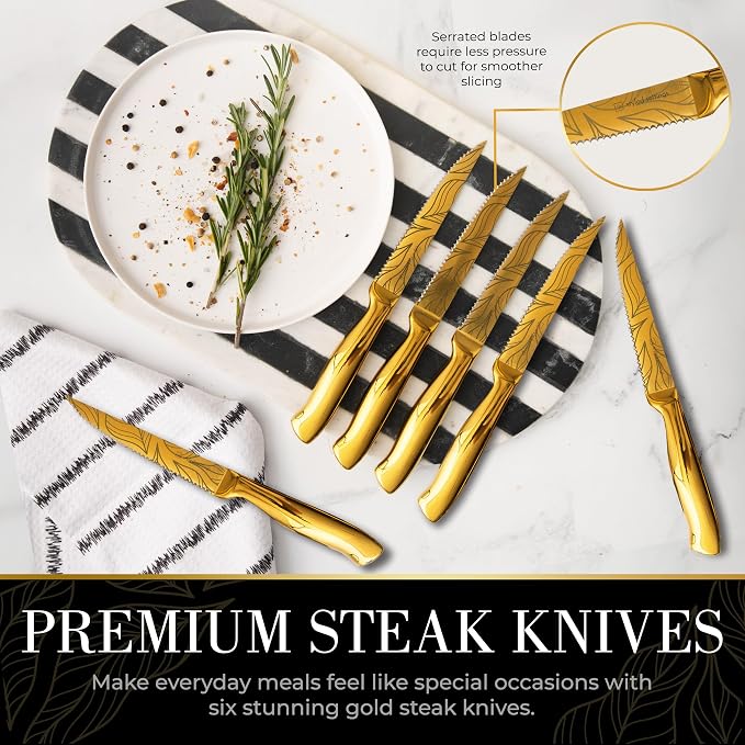 Styled Settings Gold Knives with Etched Leaves Pattern and Sharpener Block | 14-Piece Gold Titanium-Coated Blades with Beautiful Pattern, Ultra-Sharp Stainless Steel, & Stylish Kitchen Knife Block Set