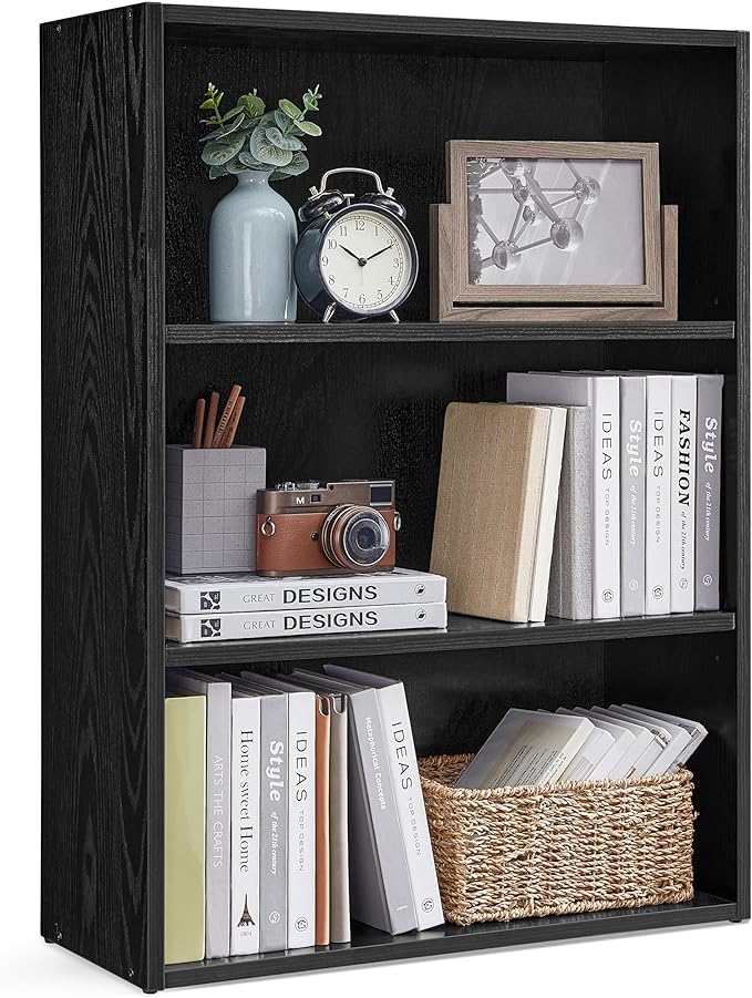 VASAGLE Bookshelf, 23.6 Inches Wide, 3-Tier Open Bookcase with Adjustable Storage Shelves, Floor Standing Unit, Ebony Black ULBC163T56
