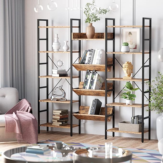 IRONCK Bookcases and Bookshelves Triple Wide 5 Tiers Industrial Bookshelf, Large Etagere Bookshelf Open Record Player Shelves with Metal Frame for Living Room Home Office