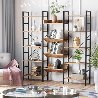 IRONCK Bookcases and Bookshelves Triple Wide 5 Tiers Industrial Bookshelf, Large Etagere Bookshelf Open Record Player Shelves with Metal Frame for Living Room Home Office