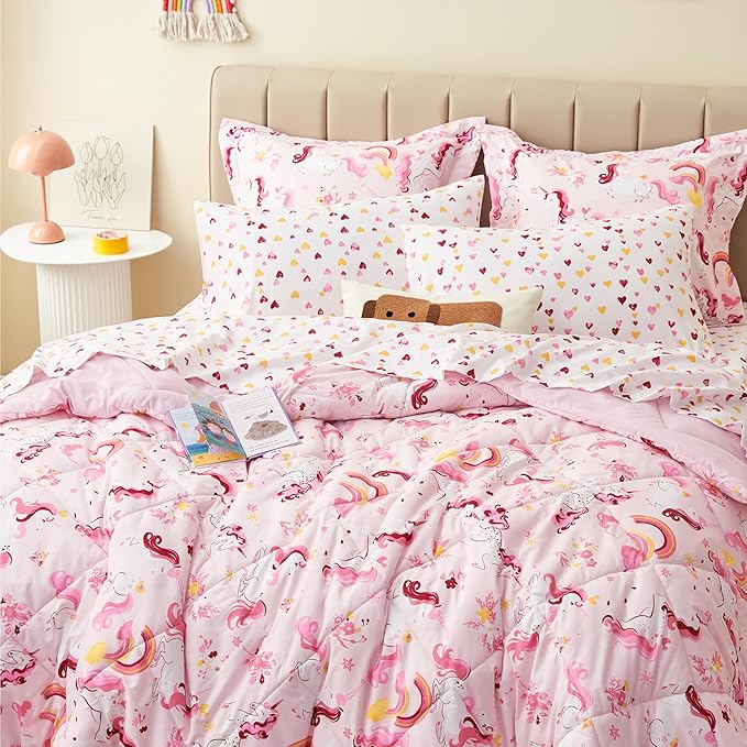 Twin Unicorn Kids Bedding Set for Girls, 7 Pieces Super Soft Lightweight Microfiber Comforter Set with Sheets, Bed in a Bag, Durable Children Bed Set