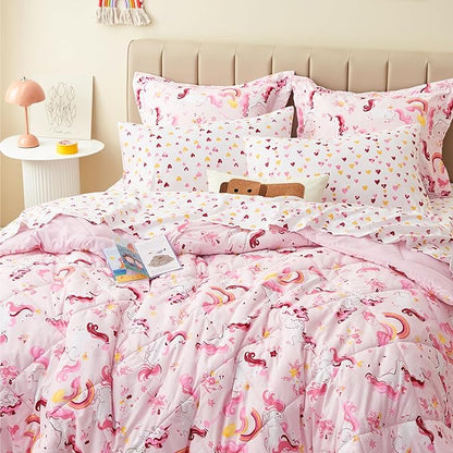 Twin Unicorn Kids Bedding Set for Girls, 7 Pieces Super Soft Lightweight Microfiber Comforter Set with Sheets, Bed in a Bag, Durable Children Bed Set