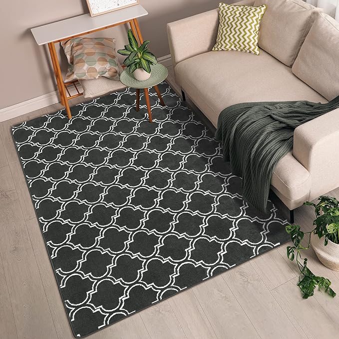 Chicrug Shag Geometric Modern Area Rug for Bedroom, 4x6 Feet Memory Foam Indoor Carpet, Fluffy Rug for Living room Bedside Room Decor for Family Girls Kids Nursery Play Mat, Dark Grey/White