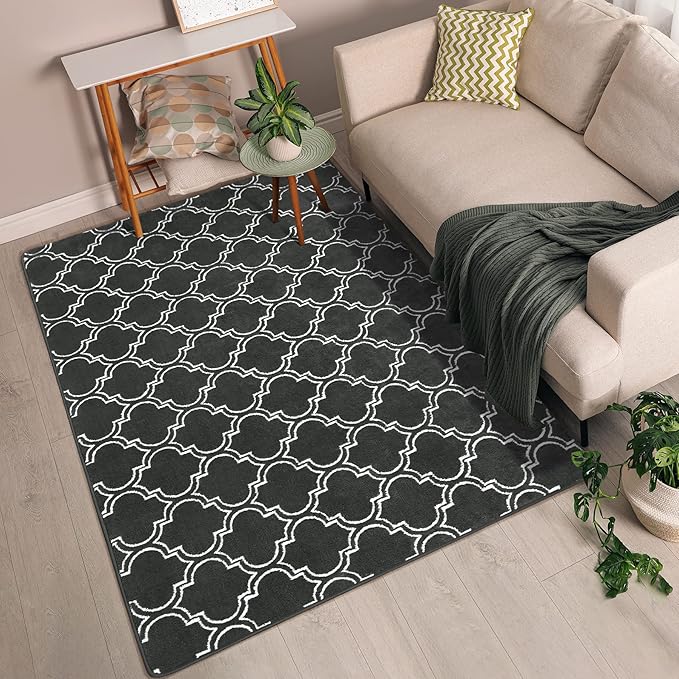 Chicrug Shag Geometric Modern Area Rug for Bedroom, 5x7 Feet Memory Foam Indoor Carpet, Fluffy Rug for Living room Bedside Room Decor for Family Girls Kids Nursery Play Mat, Dark Grey/White