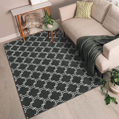 Chicrug Shag Geometric Modern Area Rug for Bedroom, 5x7 Feet Memory Foam Indoor Carpet, Fluffy Rug for Living room Bedside Room Decor for Family Girls Kids Nursery Play Mat, Dark Grey/White