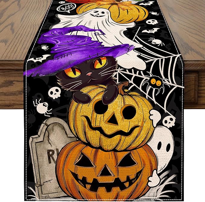 Halloween Table Runner Pumpkin Black Cat Halloween Table Runners 72 Inches Long Happy Halloween Boo Ghost Theme Decor for Kitchen Dining Table Home Party Decorations