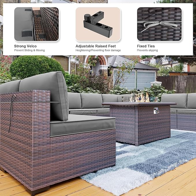 Kullavik 13 Pieces Outdoor Patio Furniture Set with 43" 55000BTU Gas Propane Fire Pit Table PE Wicker Rattan Sectional Sofa Patio Conversation Sets,Grey