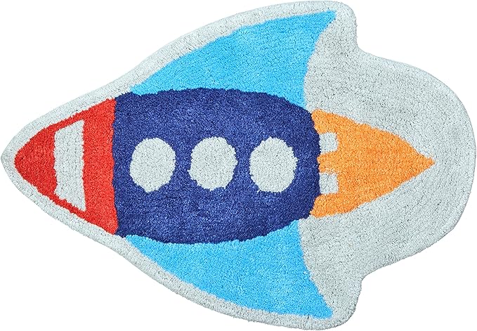 Hand Tufted Space Rocket Ship Bedroom or Bathroom Rug - 30x20 in; 100% Cotton Kids Bathroom Mat; Decorative Kids Area Rug
