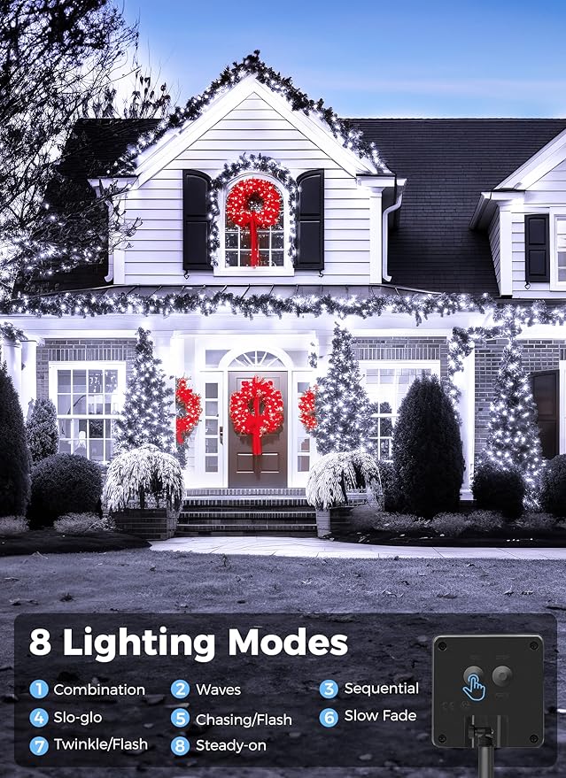 Minetom Solar String Lights Outdoor - 40FT 100 LED String Lights Solar Powered with 8 Lighting Modes, Waterproof Patio Lights, Outdoor Solar Lights for Outside Tree Garden Balcony Gazebo, Pure White