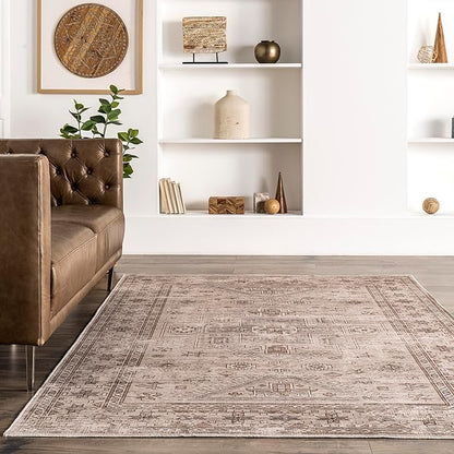 nuLOOM Amie Persian Border Machine Washable Ultra Thin Area Rug, 4' x 6', Light Brown