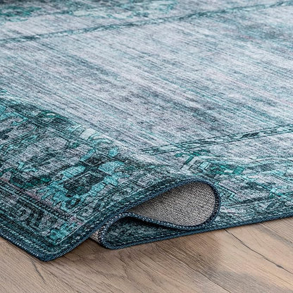nuLOOM Eveline Distressed Persian Machine Washable Ultra Thin Area Rug, 8' x 10', Blue