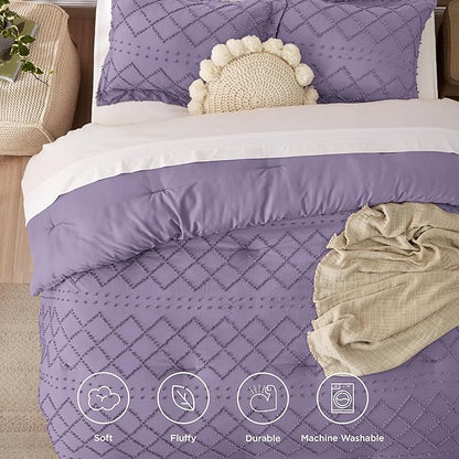 Bedsure King Size Comforter Set - Grayish Purple Comforter, Boho Tufted Shabby Chic Bedding Comforter Set, 3 Pieces Farmhouse Bed Set for All Seasons, Fluffy Soft Bedding Set with 2 Pillow Shams