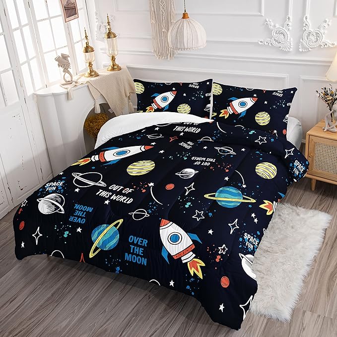Datura home Space Ship Galaxy Comforter Set Astronaut Space Rocket Printed Quilt Bedding Set with 1 Comforter and 2 Pillowcases for Boys and Girls Bedroom All Season(Space Twin)