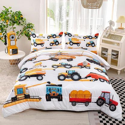 CVHOUSE Tractor Bedding Sets for Boys,Excavators Comforter Full,Boys Cartoon Truck Comforter Set,Trucks Tractors Cars Quilt Set with 1 Comforter and 2 Pillow Cases- 3 Piece