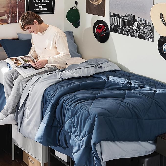 Bedsure Navy Bed Sets Twin - 5 Pieces Reversible Twin Comforter Sets, Twin Bedding Set with Comforters, Sheets, Pillowcase & Sham