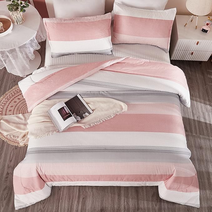 Litanika Pink King Size Comforter Set, 3 Pieces Blush White Colorblock Lightweight Bedding Comforter Set