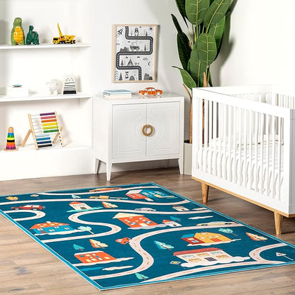 nuLOOM Zita Neighborhood Machine Washable Kids Ultra Thin Area Rug, 3' x 5', Blue Multi