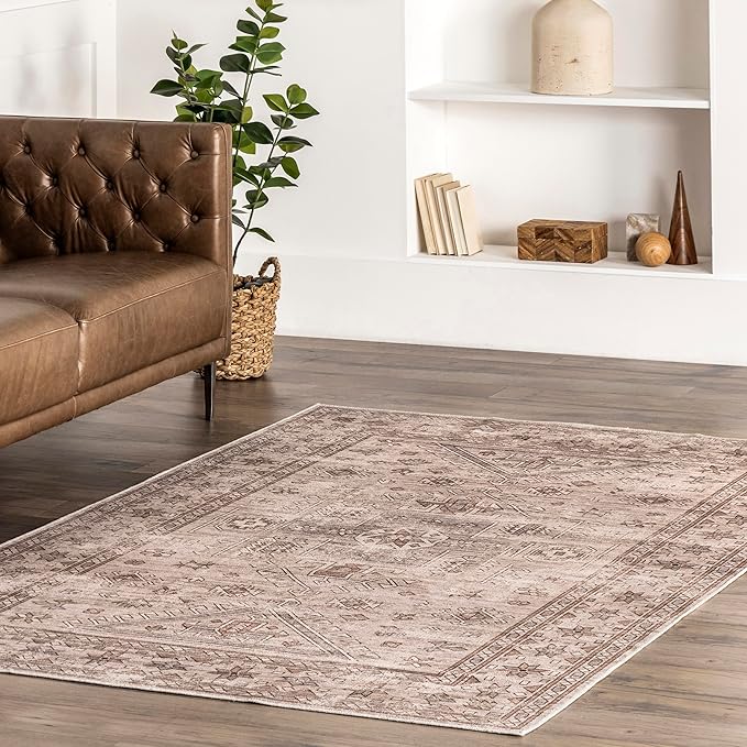 nuLOOM Amie Persian Border Machine Washable Ultra Thin Area Rug, 4' x 6', Light Brown