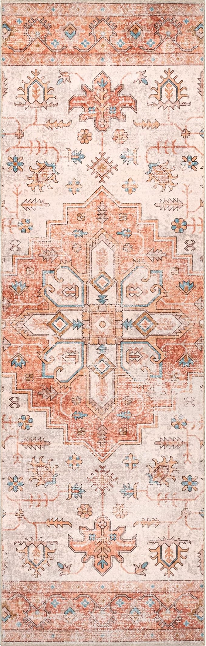 nuLOOM Dawson Machine Washable Distressed Medallion Ultra Thin Runner Rug, 2' 6" x 8', Peach