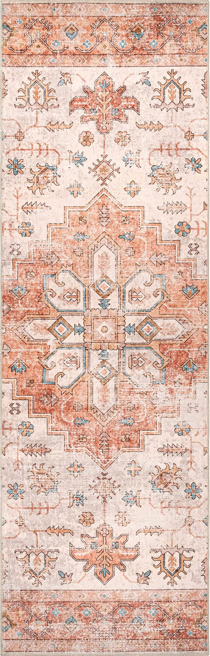 nuLOOM Dawson Machine Washable Distressed Medallion Ultra Thin Runner Rug, 2' 6" x 8', Peach