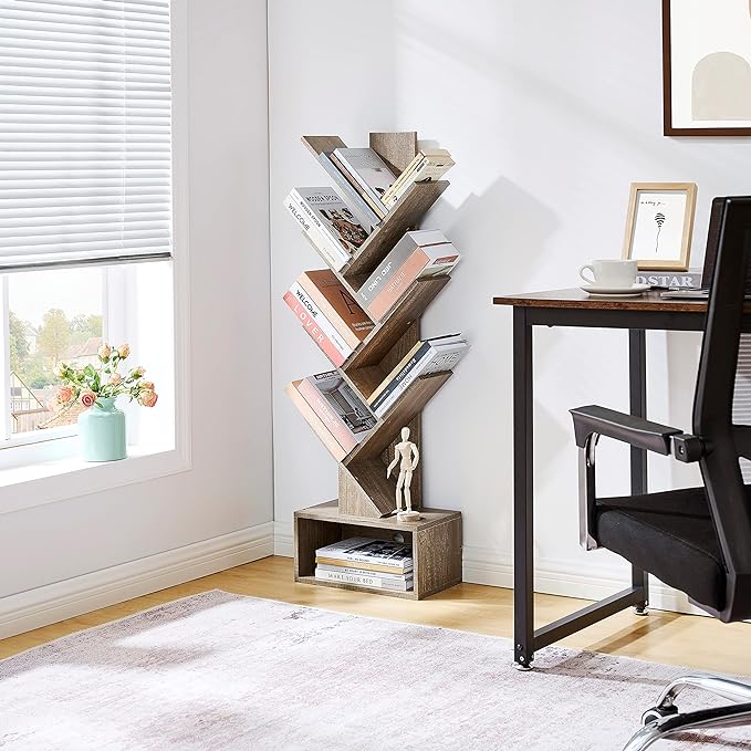 Hoctieon 6 Tier Tree Bookshelf, Tall Bookcase with Drawer, Freestanding Book shelf, Display Floor Standing Storage Shelf, Book Organizer Shelves for Home Office, Living Room, Bedroom, Greige