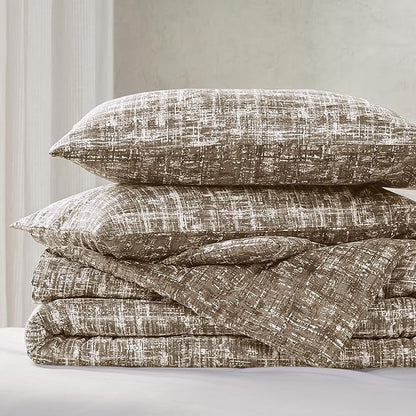 Hyde Lane Full/Queen Comforter Set, Taupe Boho Modern Aesthetic Soft Bedding, Plaid Lines Pattern Neutral Bed Sets for All Season, 3 Pieces includes 1 Comforter, 2 Shams (90"x 90")