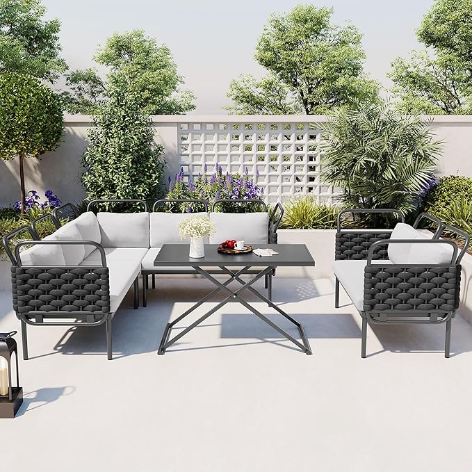 5-Piece Outdoor Patio Sectional L-shaped Sofa Set, Woven Rope Conversation Furniture with Loveseat, Corner Couch, Glass Coffee Table and Removable Cushions, Onesize, Black+Gray