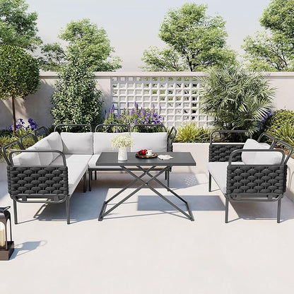 5-Piece Outdoor Furniture Sectional Conversation Sofa Set with Loveseat, Glass Table and Removable Cushions, All Weather Patio Woven Rope L-Shaped Couch for Garden Backyard, Black+Gray