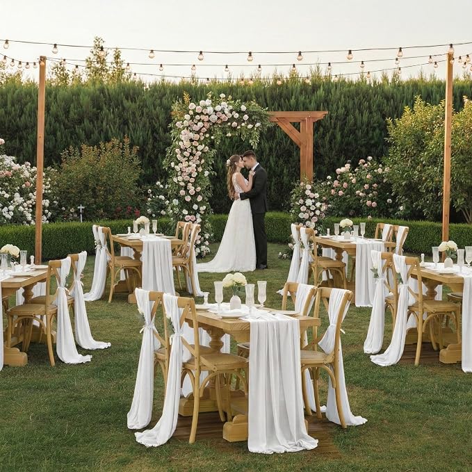 Pack of 25 | White | 10ft Chiffon Table Runner 29x120 Inches Long Romantic Rustic Sheer Gauze Runner for Wedding Bridal Shower Birthday Banquets Engagement Spring Easter Boho Decorations